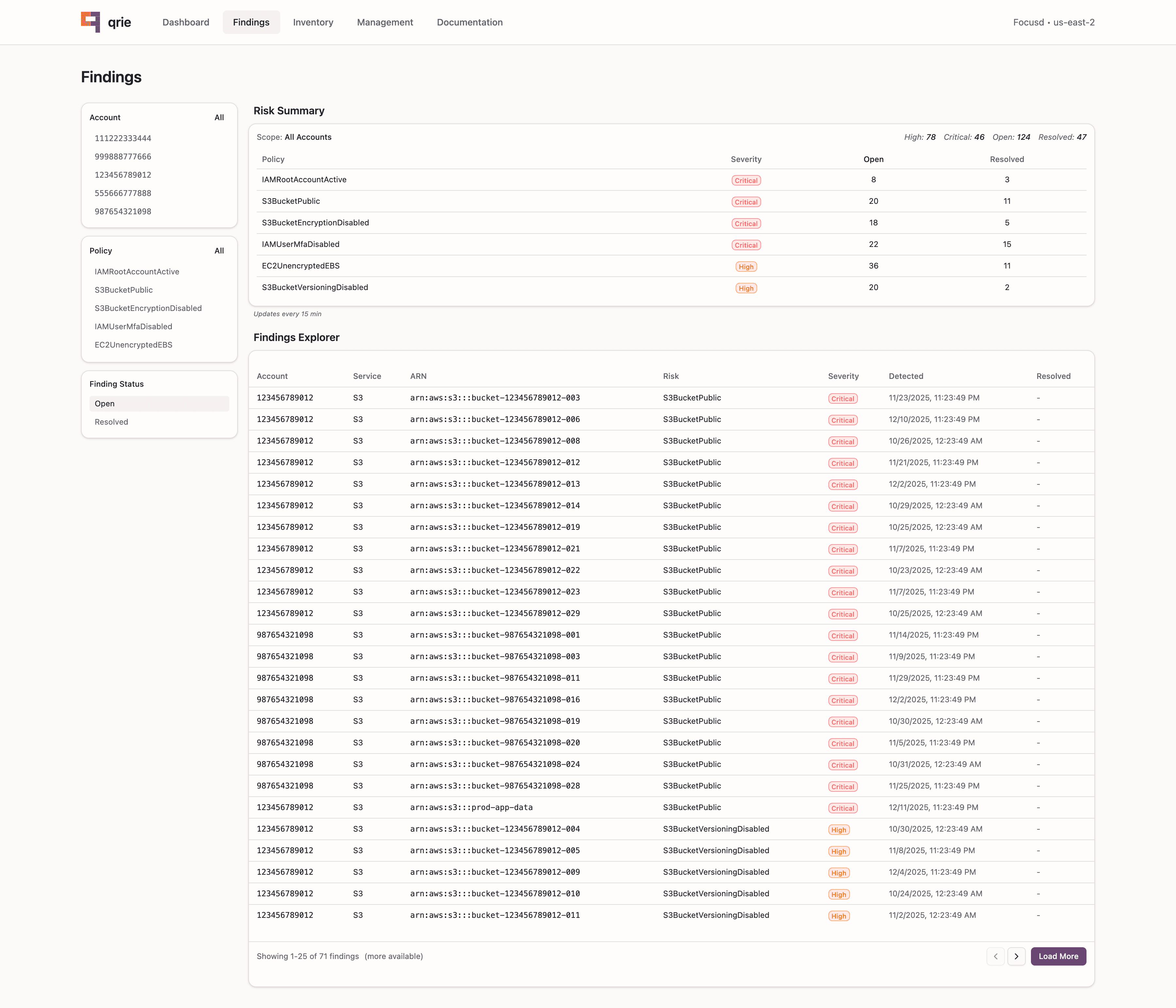 qrie findings explorer showing policy violations