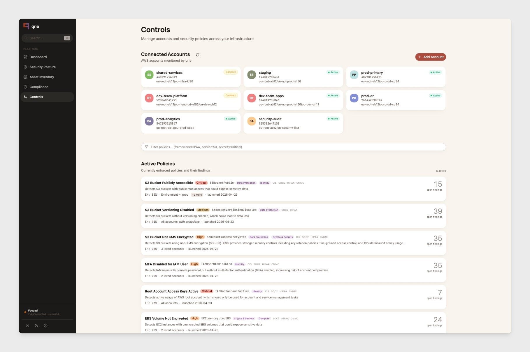 qrie management view showing active policies and accounts