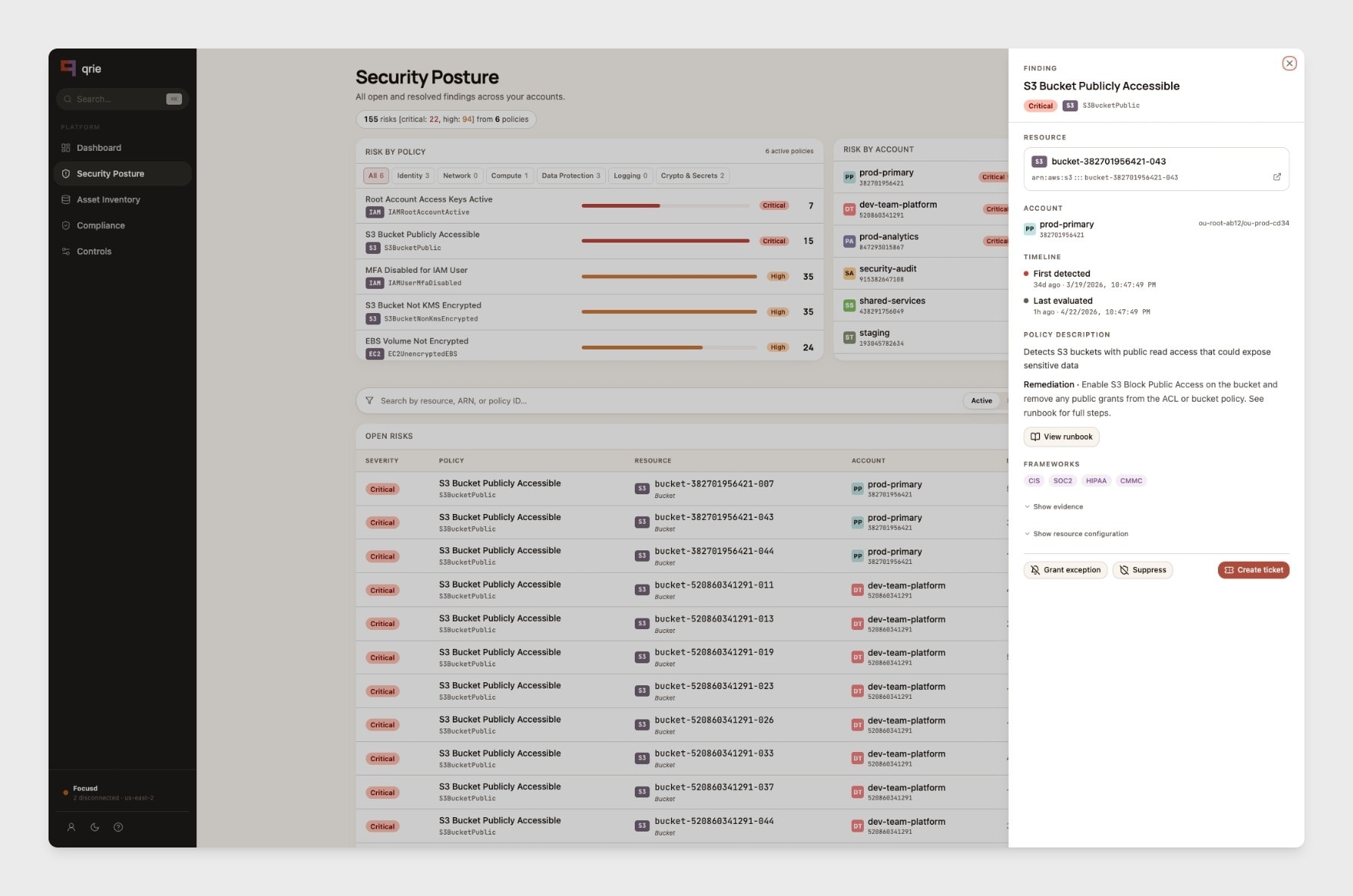 qrie findings explorer showing policy violations